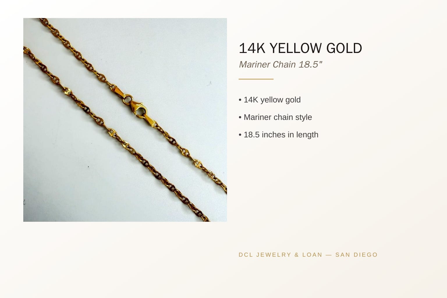 Infographic banner showcasing 14K Yellow Gold Mariner Chain features
