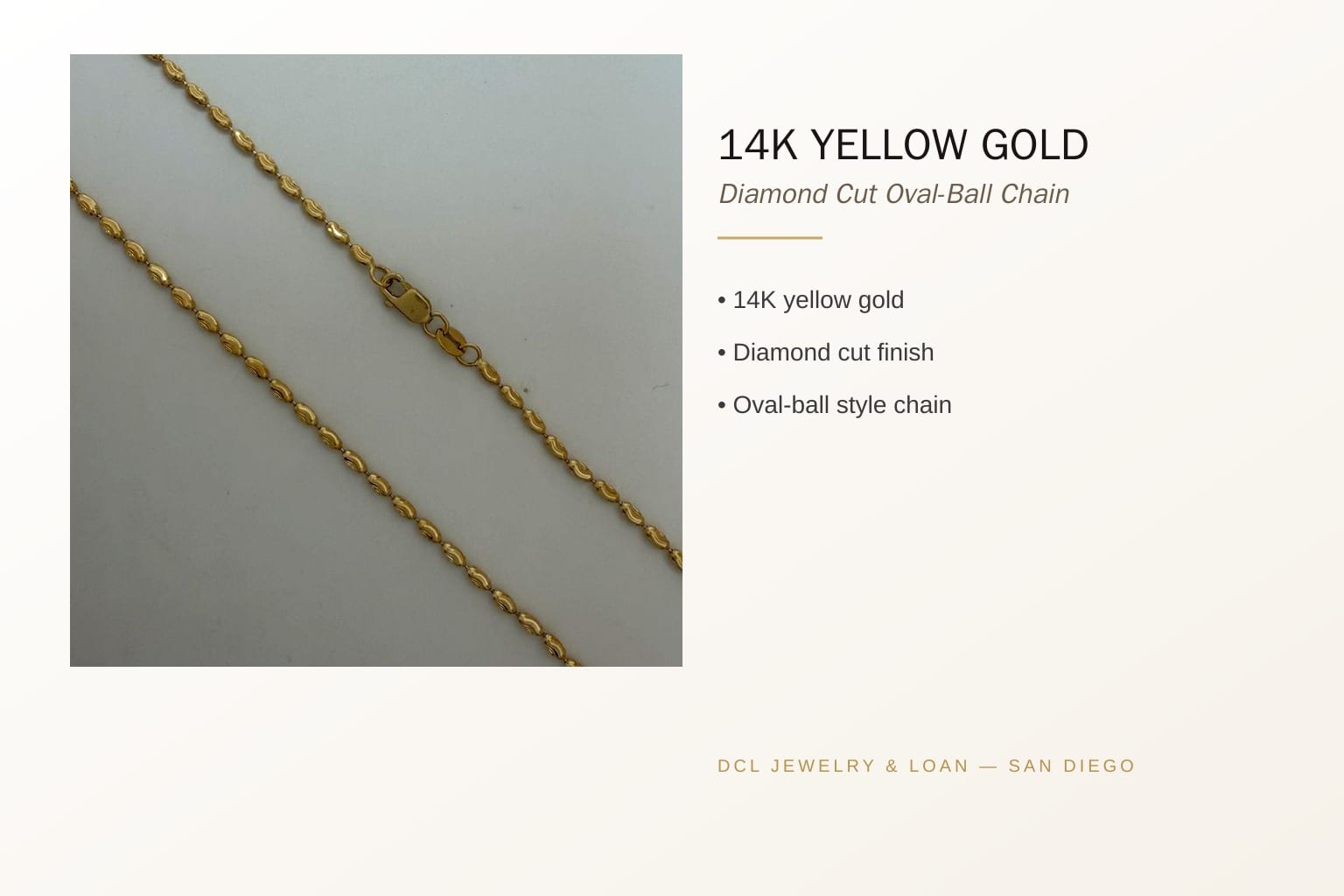 Infographic banner highlighting features of 14K Gold Chain