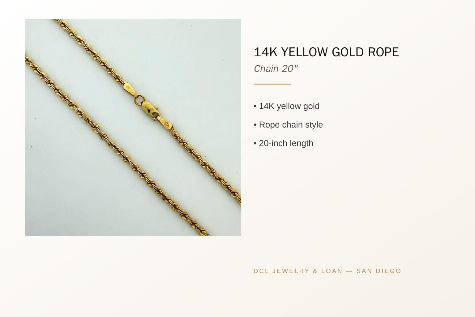 Infographic of 14K Gold Rope Chain Necklace features