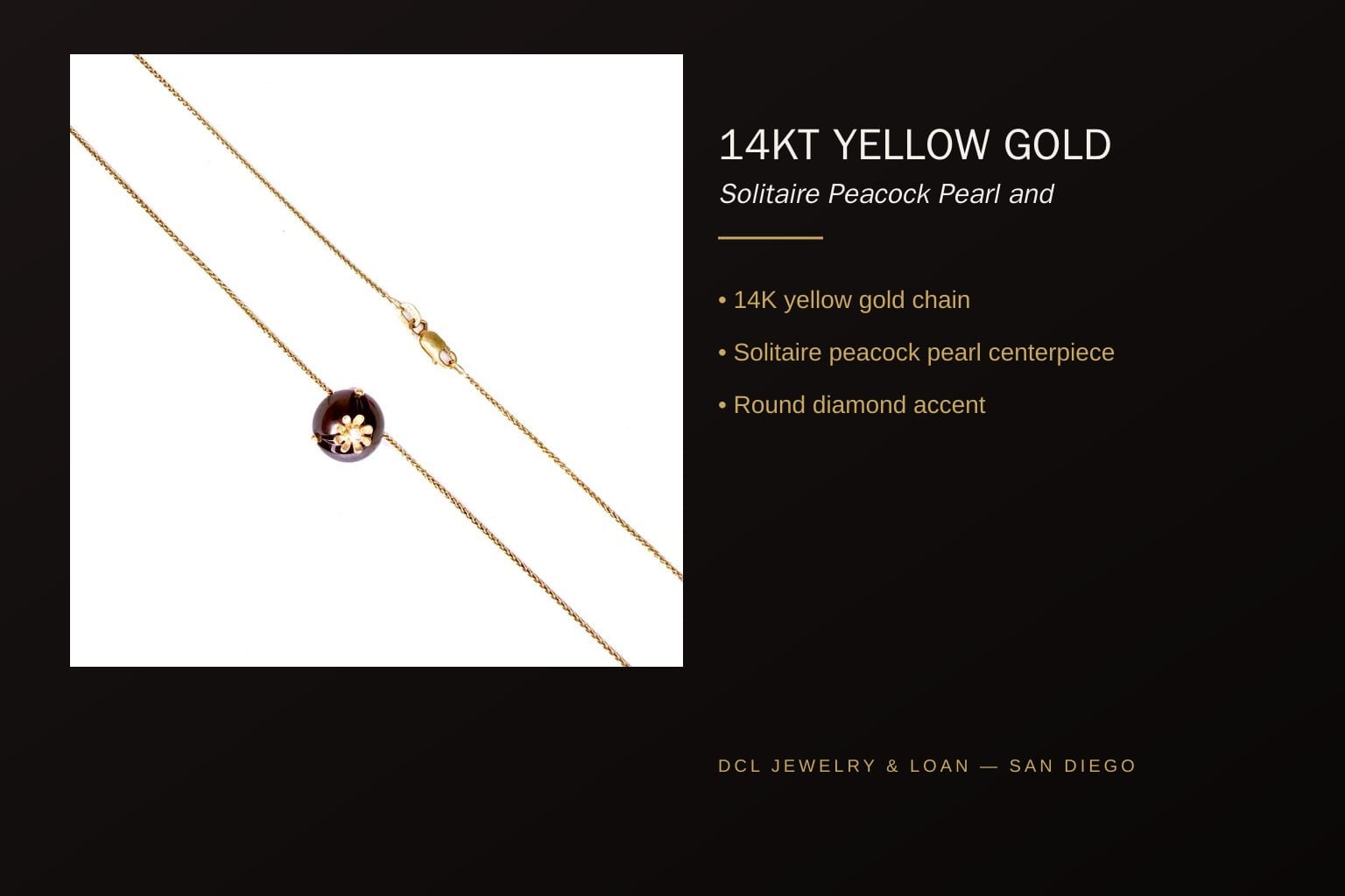 Infographic banner showcasing the 14K Gold Peacock Pearl Necklace