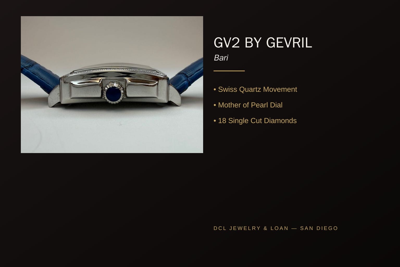 Infographic banner for GV2 by Gevril Bari Diamond Watch