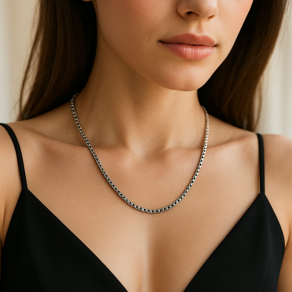 Model wearing the 14K White Gold Rounded Box Chain Necklace.