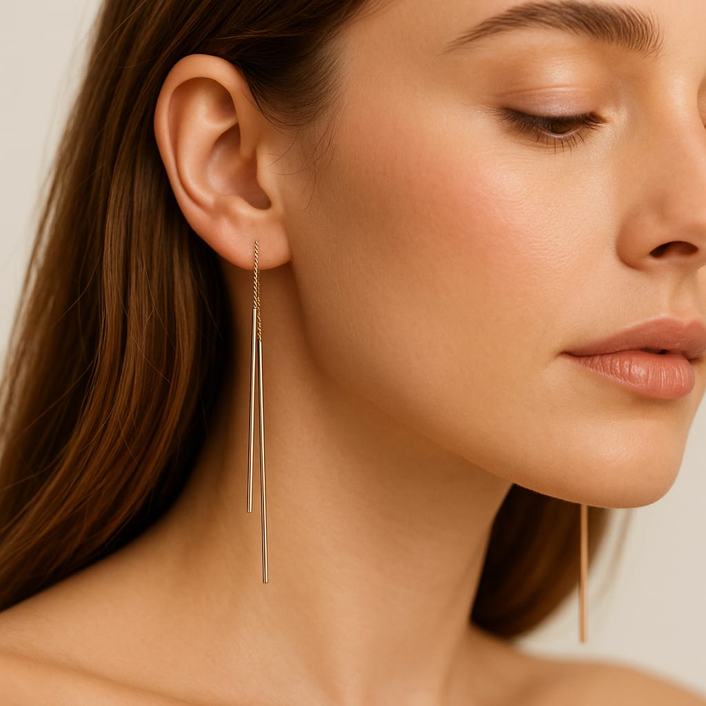 Model wearing 18K rose gold long-bar threader earrings