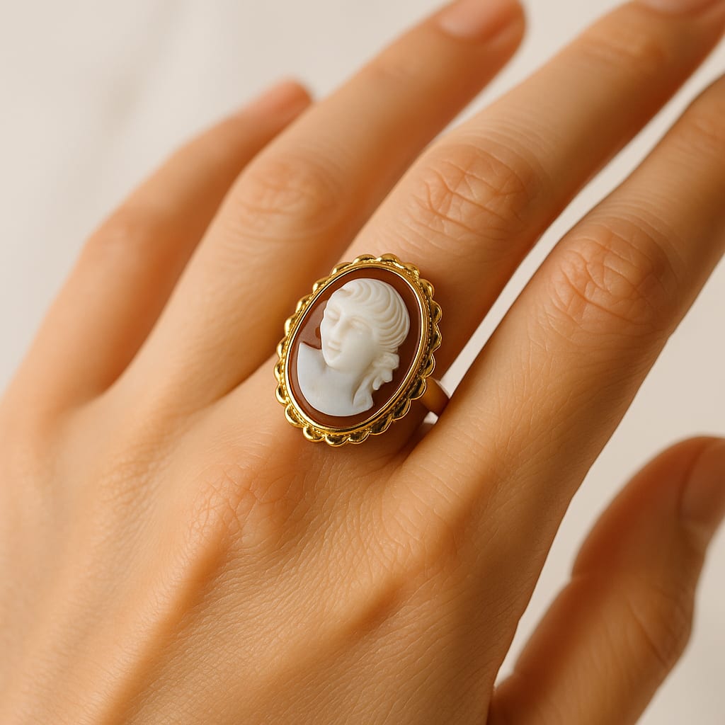 Model wearing the 12K Yellow Gold Vintage Cameo Ring