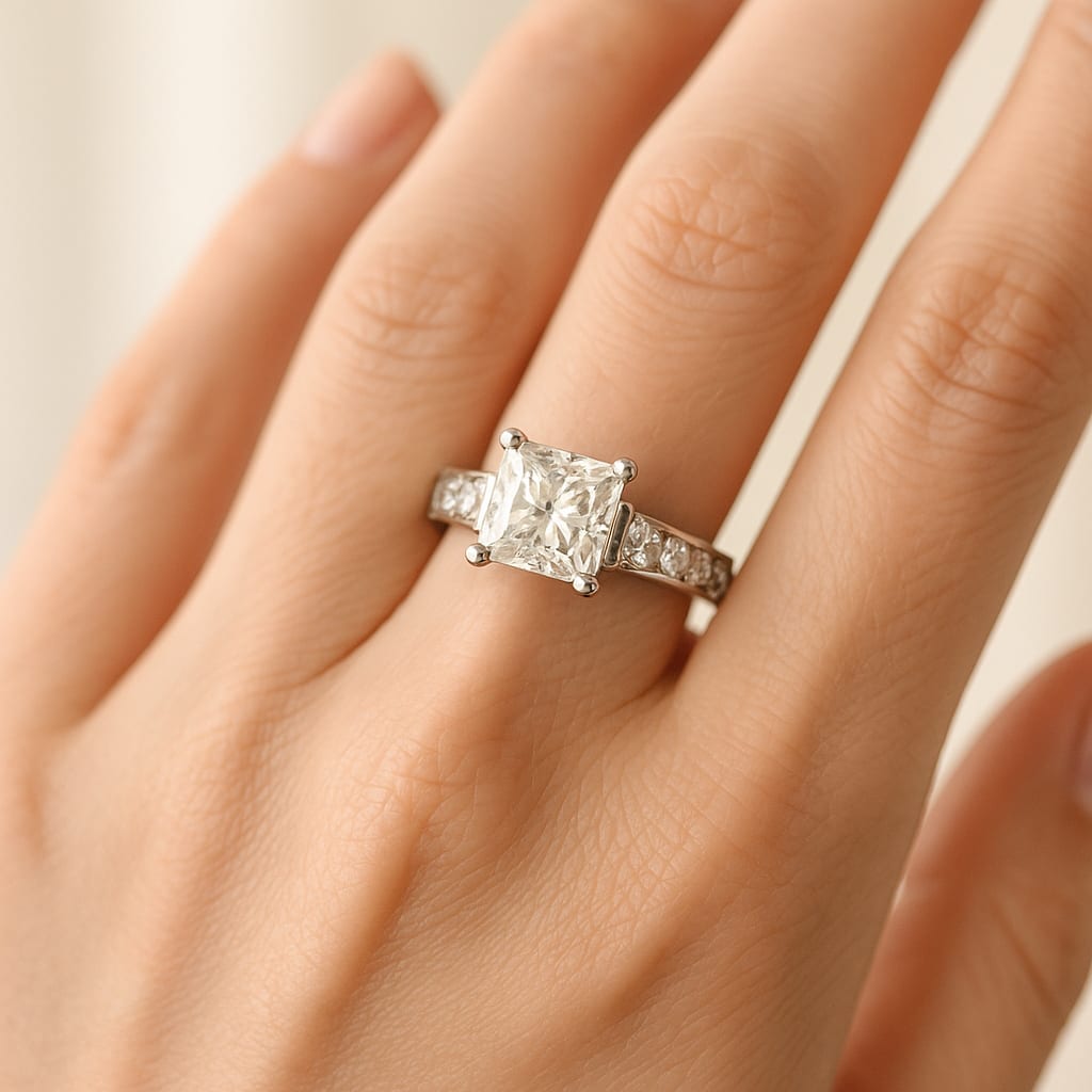 Model wearing diamond ring in lifestyle setting