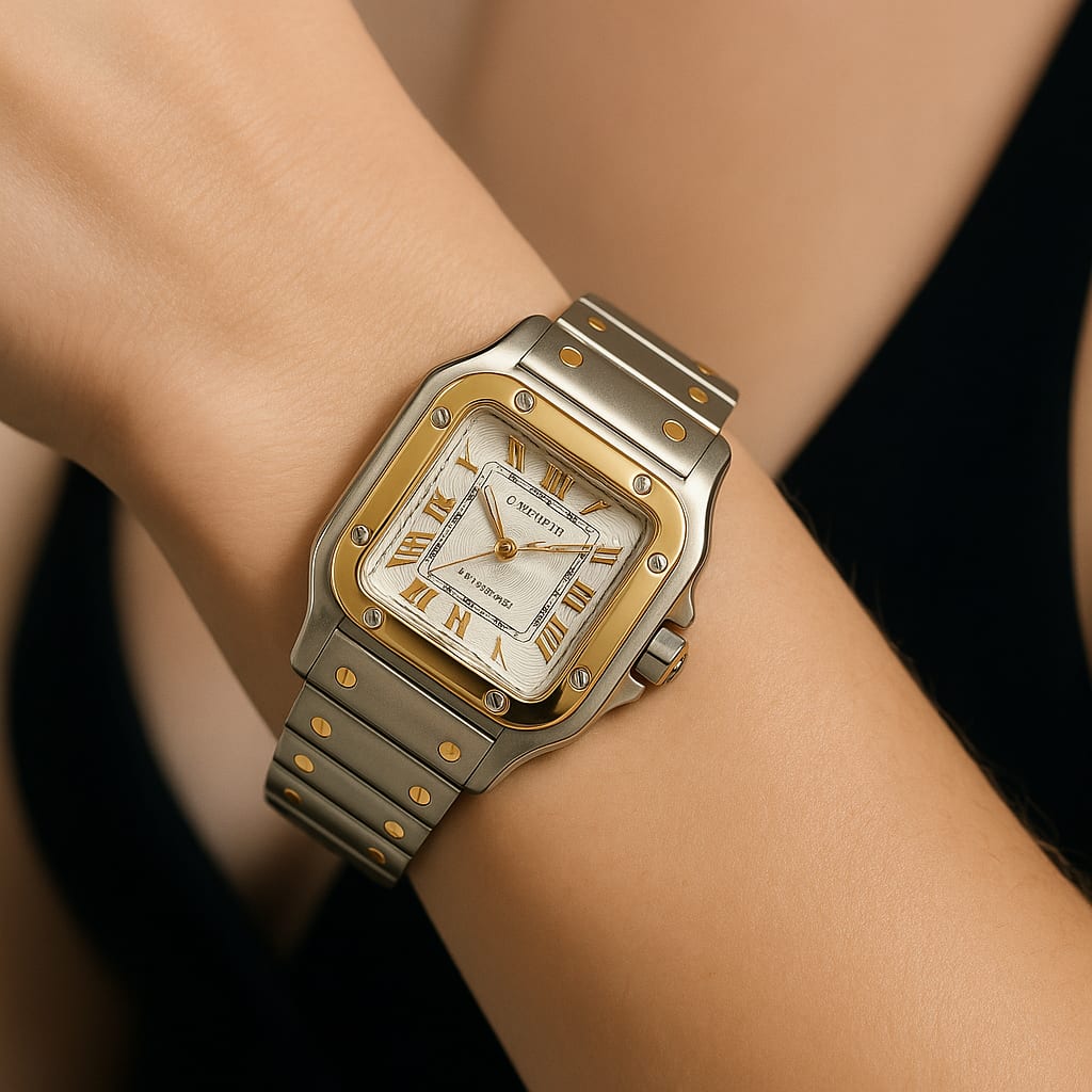 Model wearing Cartier Santos watch in lifestyle setting