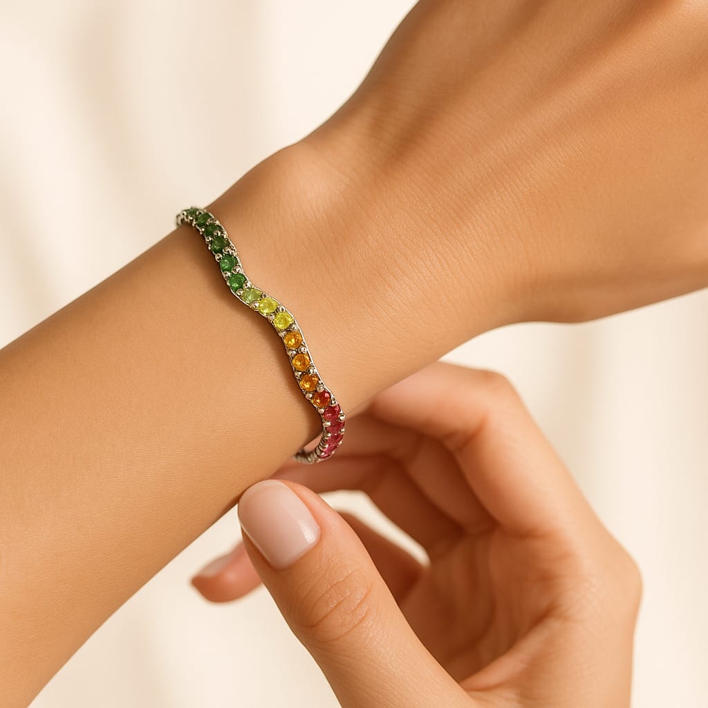 Model wearing 14K White Gold Multi-Colored Gemstone Bracelet in lifestyle setting