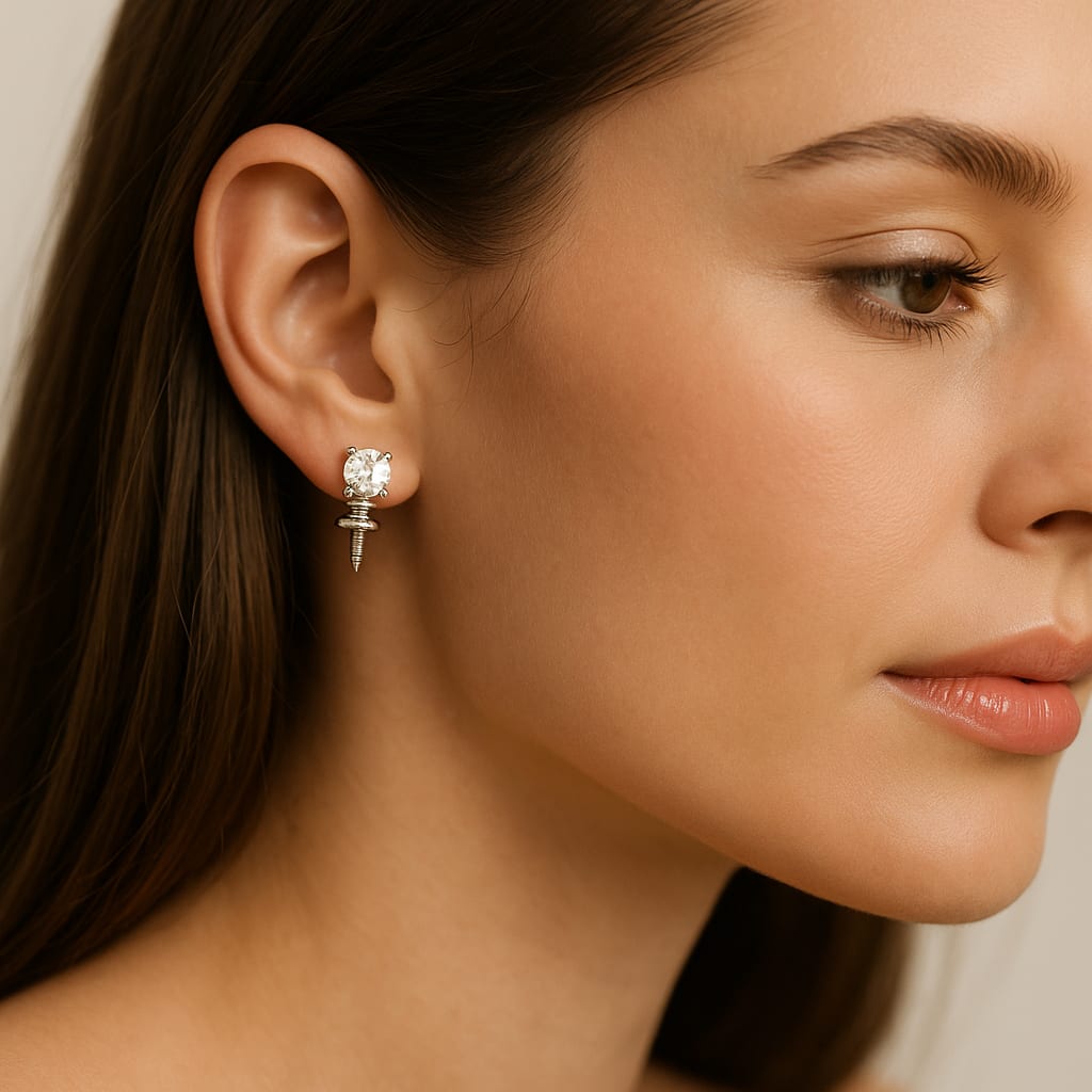 Model wearing diamond stud earrings in lifestyle setting
