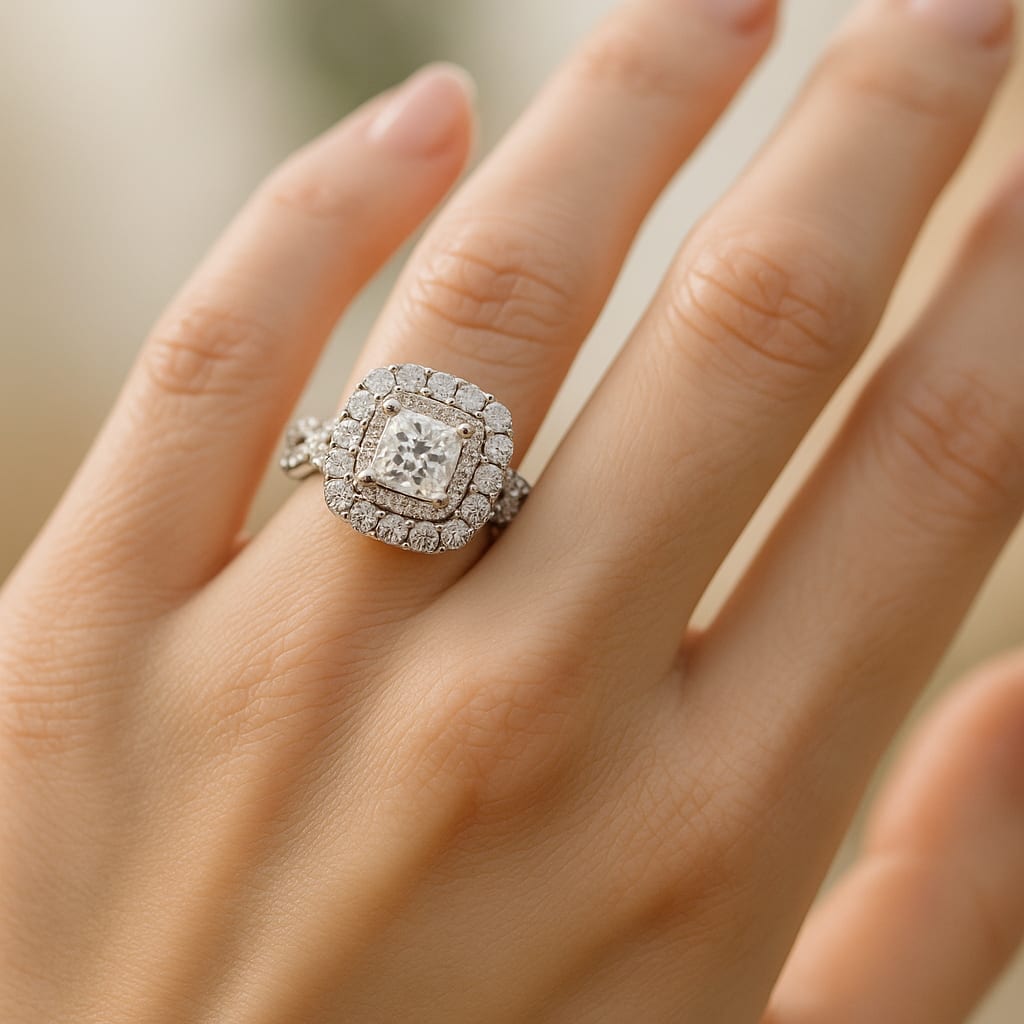 Model wearing Neil Lane diamond ring in a lifestyle setting.
