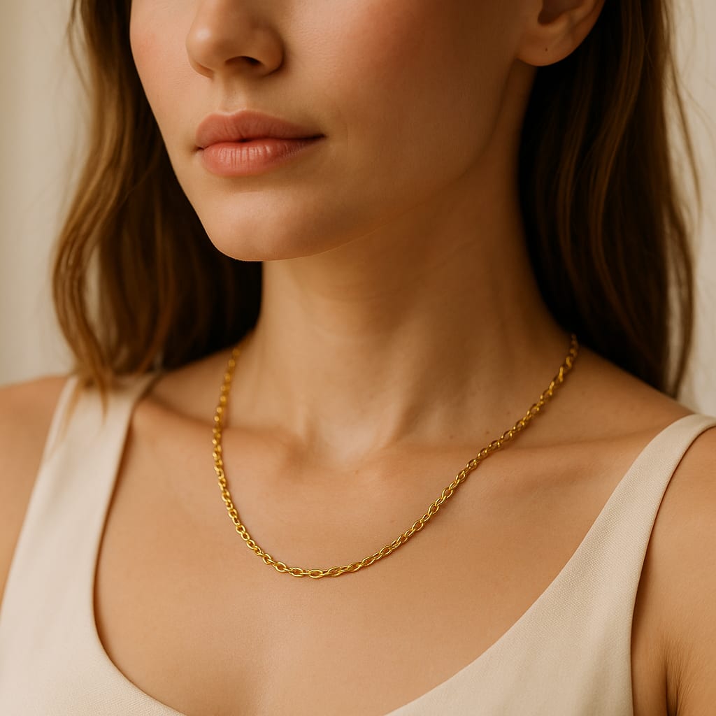 Model wearing 14K Yellow Gold Mariner Chain in lifestyle setting