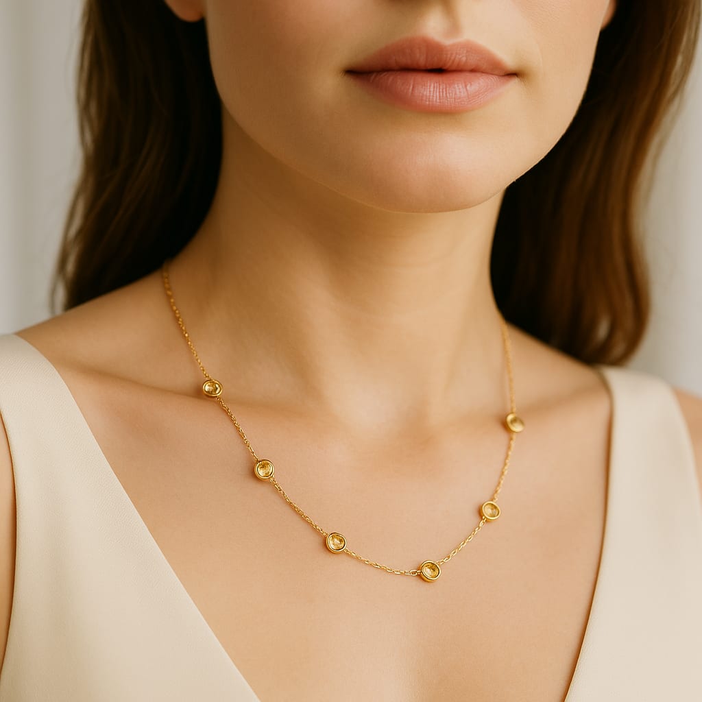 Model wearing the 14K Yellow Gold Citrine Necklace, showcasing its elegance