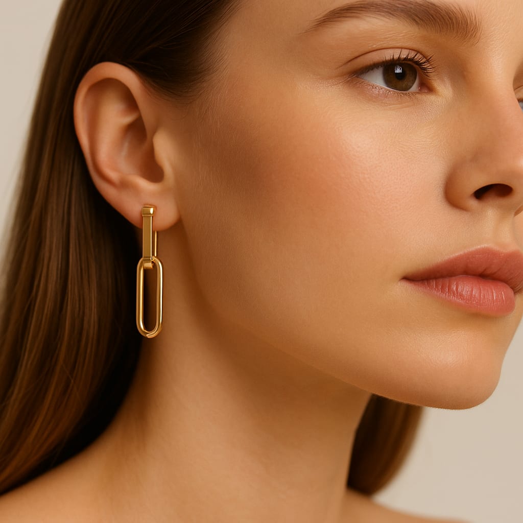 Model Wearing 14K Gold Paperclip Earrings in Lifestyle Setting
