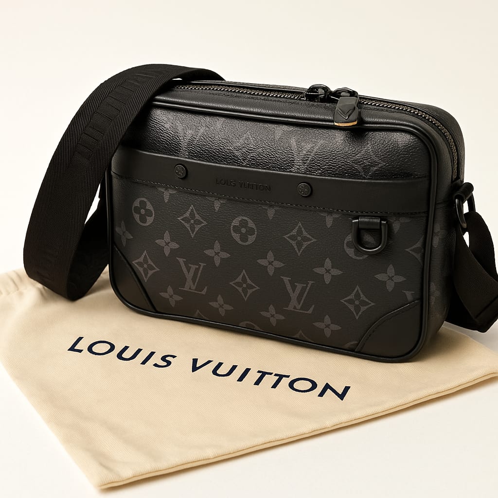 Model showcasing the Louis Vuitton bag in a lifestyle setting