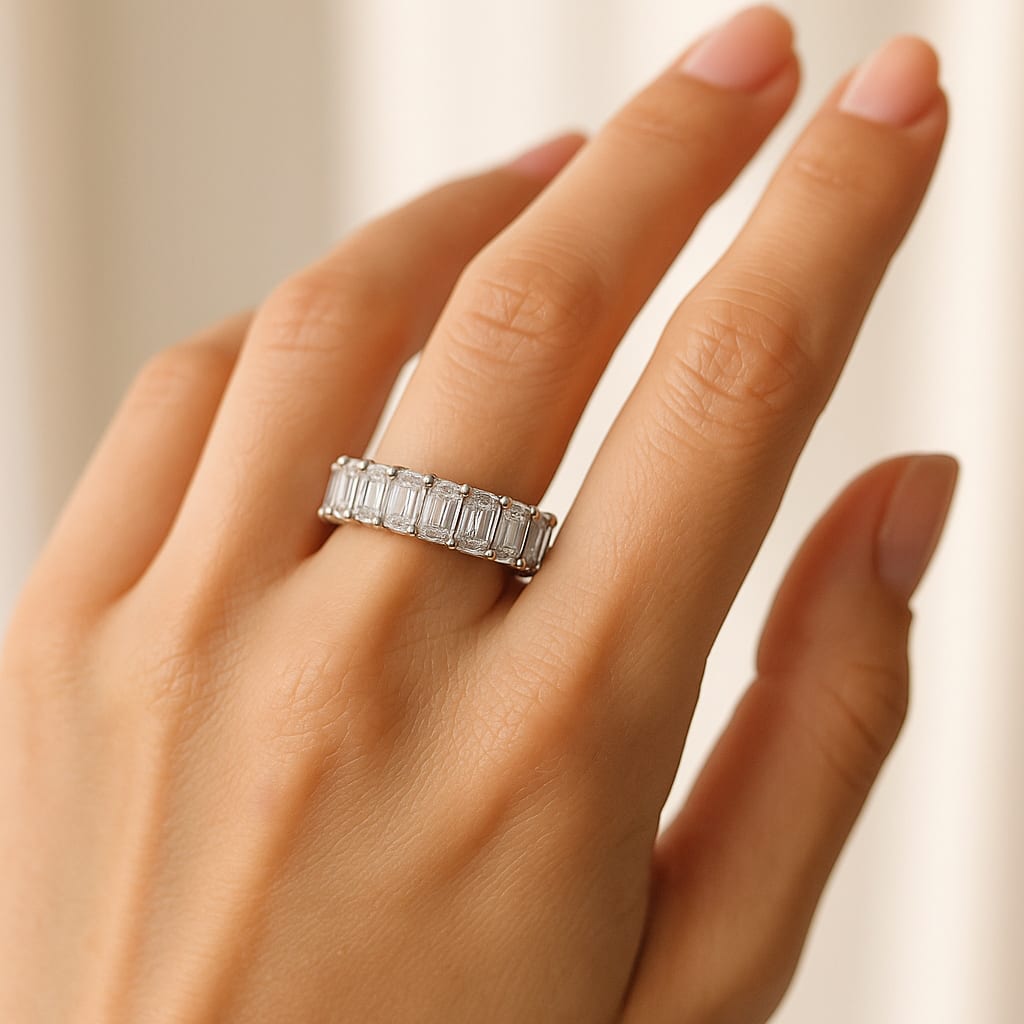 Model wearing the diamond eternity band