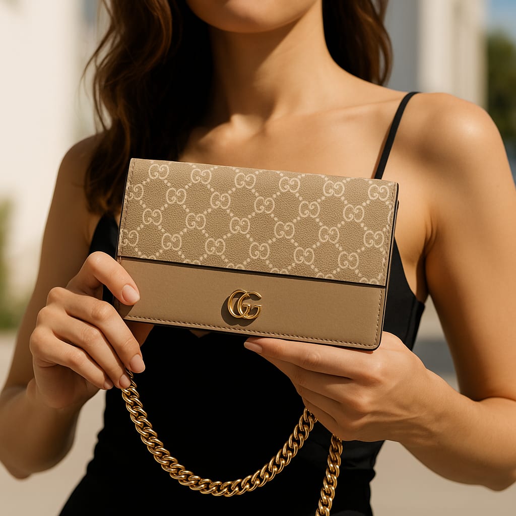 Model wearing Gucci GG Supreme Wallet On A Chain crossbody