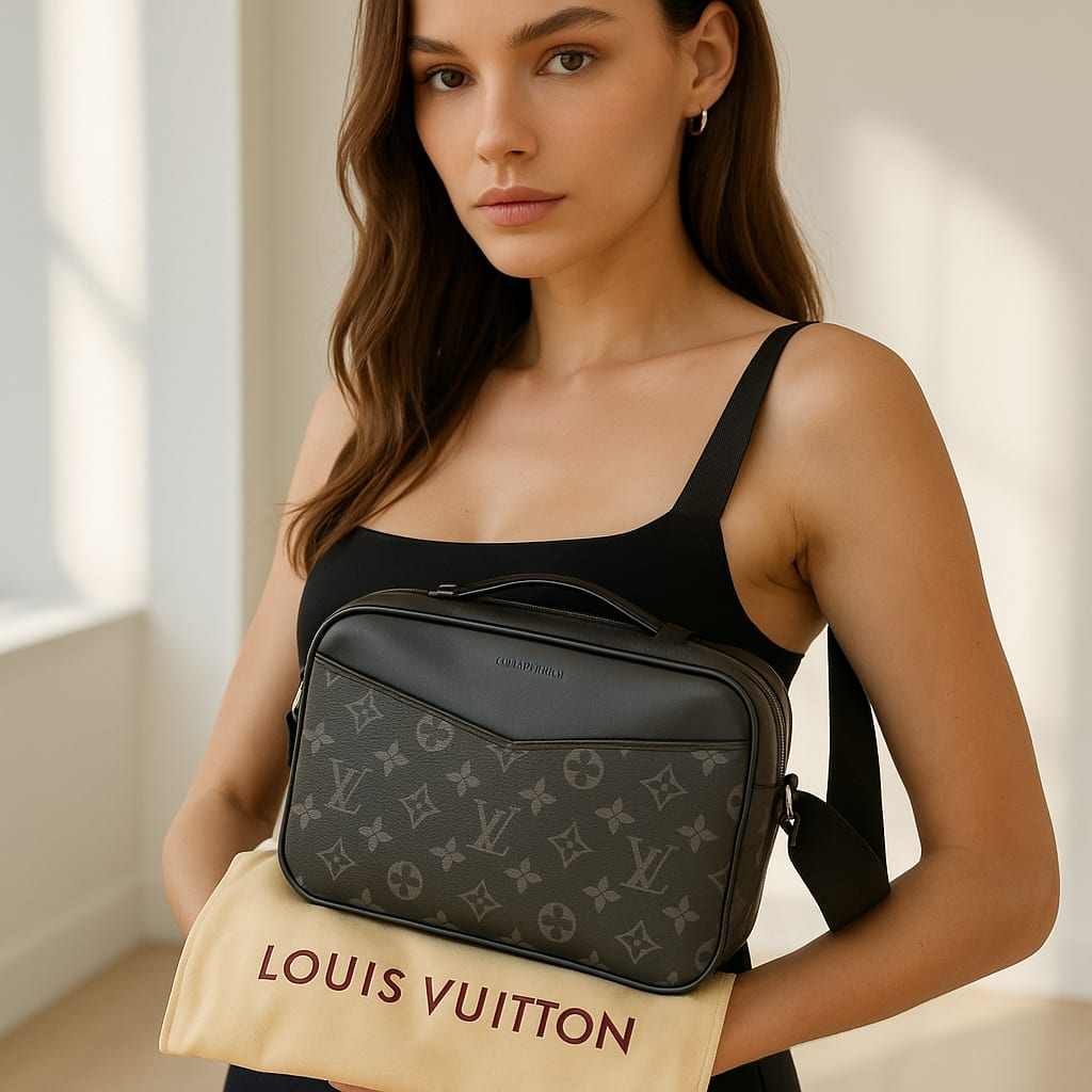 Model wearing Louis Vuitton Explorer BumBag