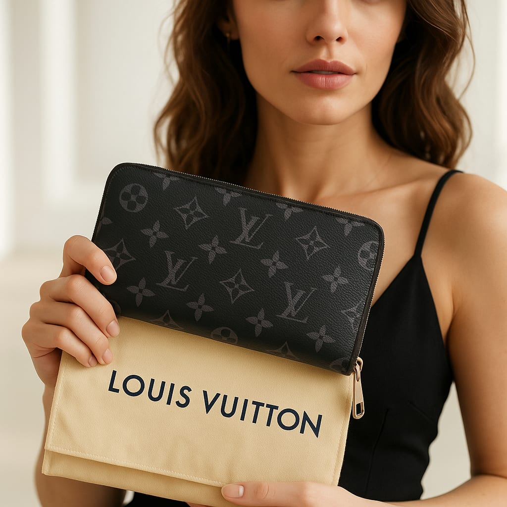 Model showcasing the Louis Vuitton Zippy Wallet