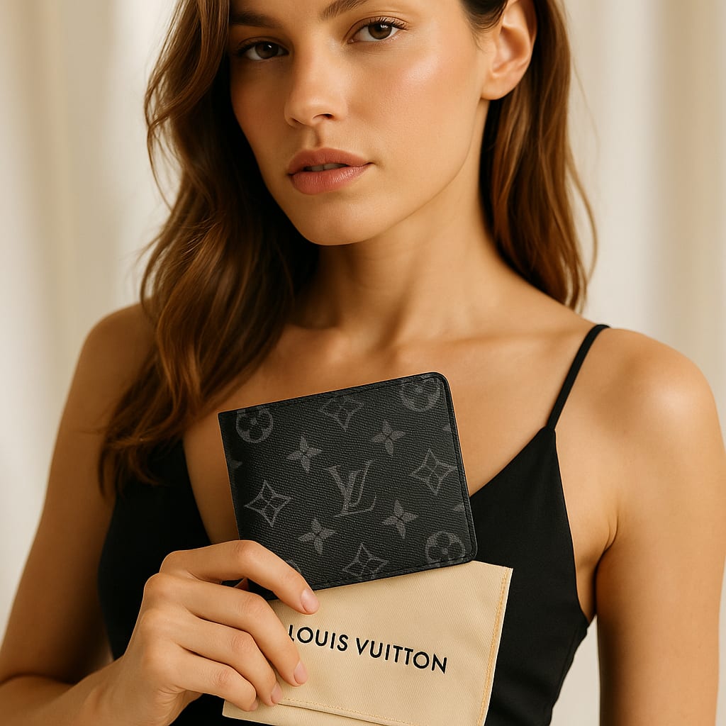Model holding the Louis Vuitton Slender Wallet