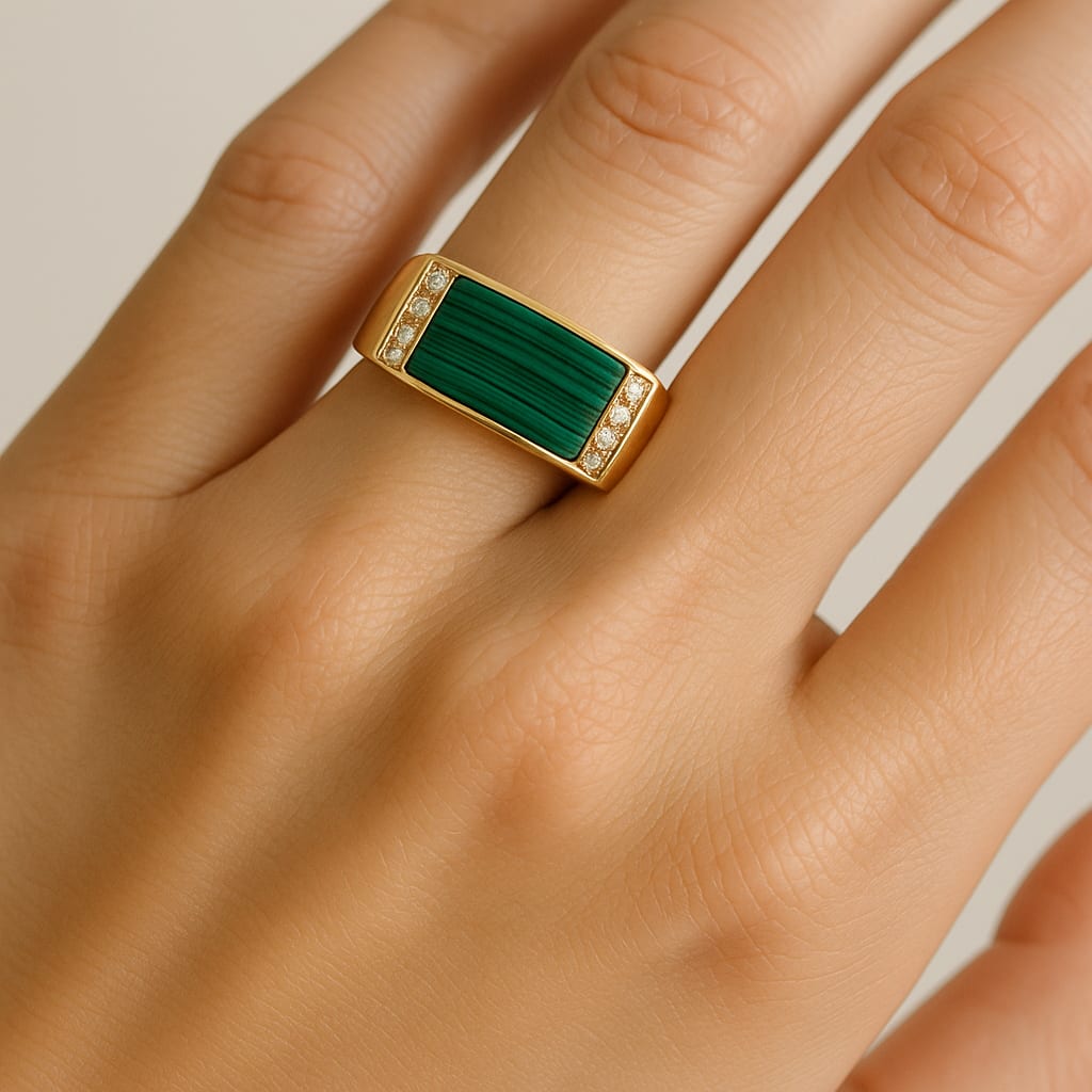 Model wearing the malachite diamond ring