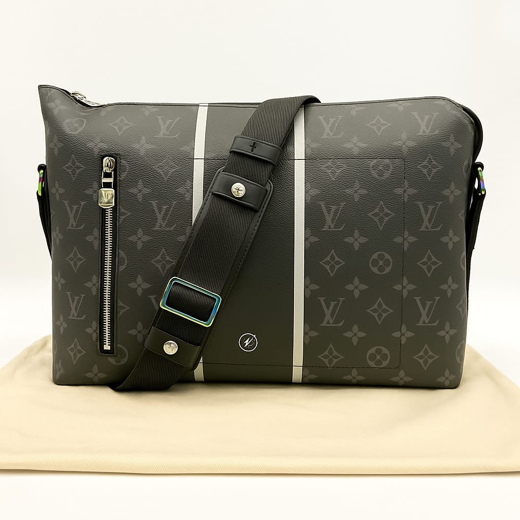 Model carrying Louis Vuitton Fragment Apollo Messenger Bag