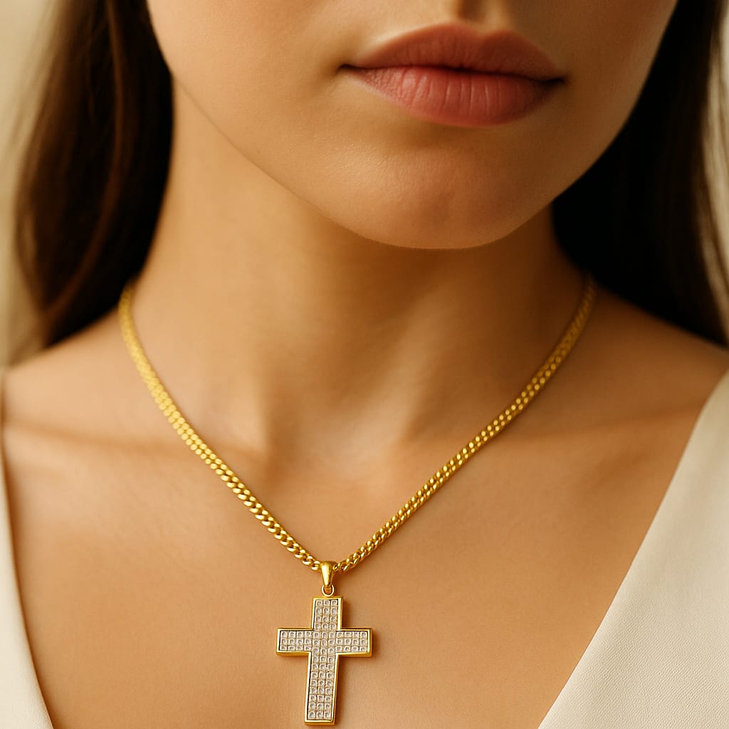 Model wearing the diamond cross necklace