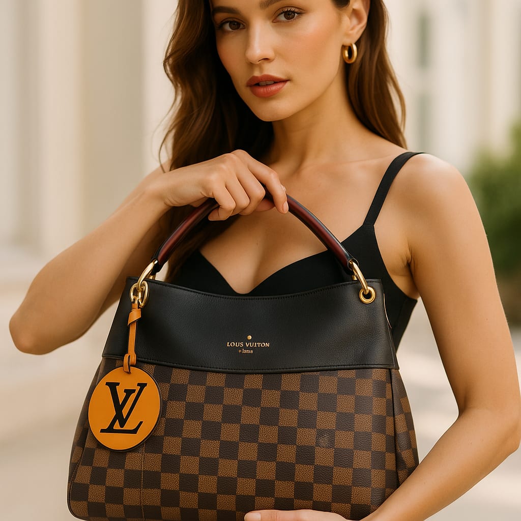 Model showcasing Louis Vuitton Maida handbag in a lifestyle setting