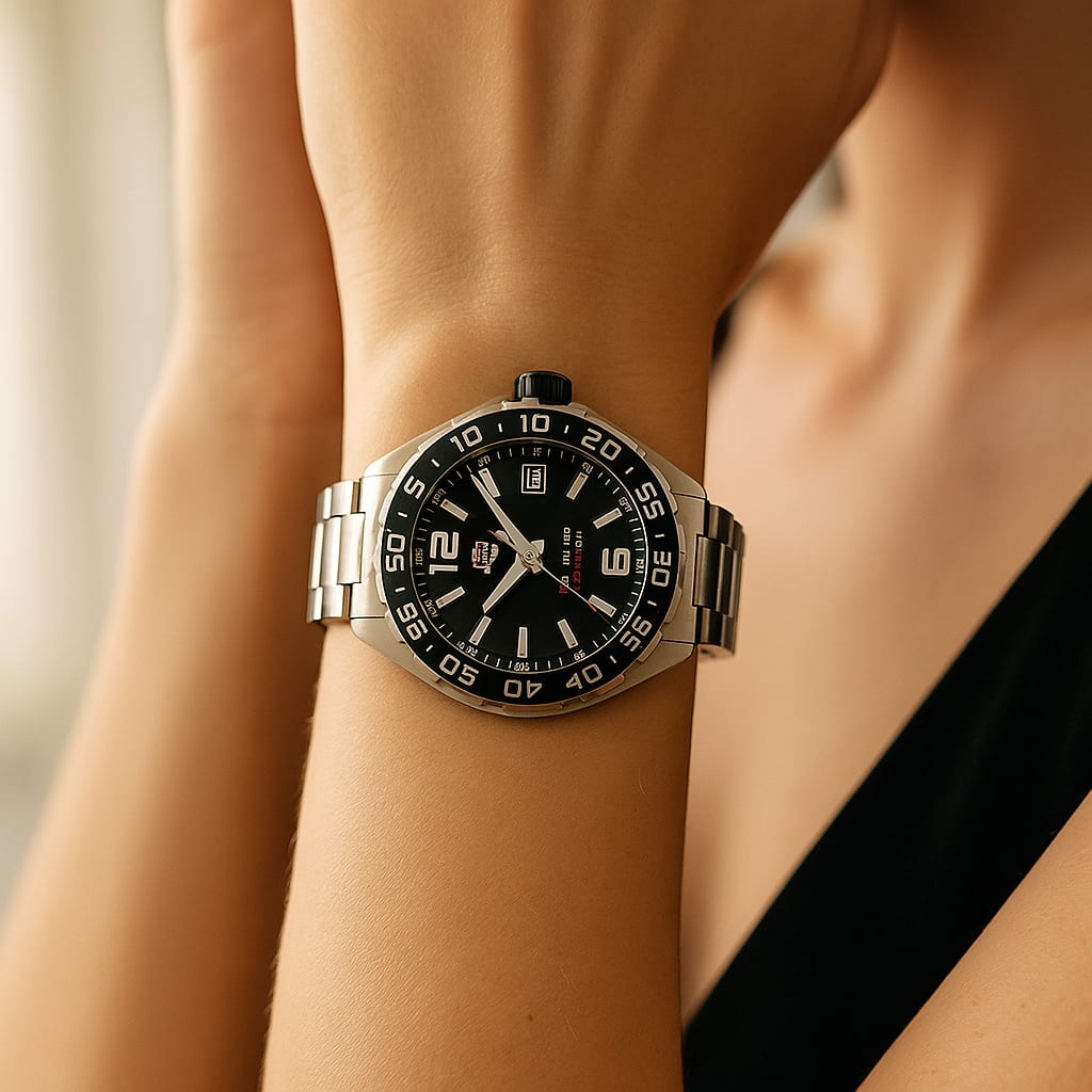 Model wearing the Tag Heuer Formula 1 watch in a lifestyle setting