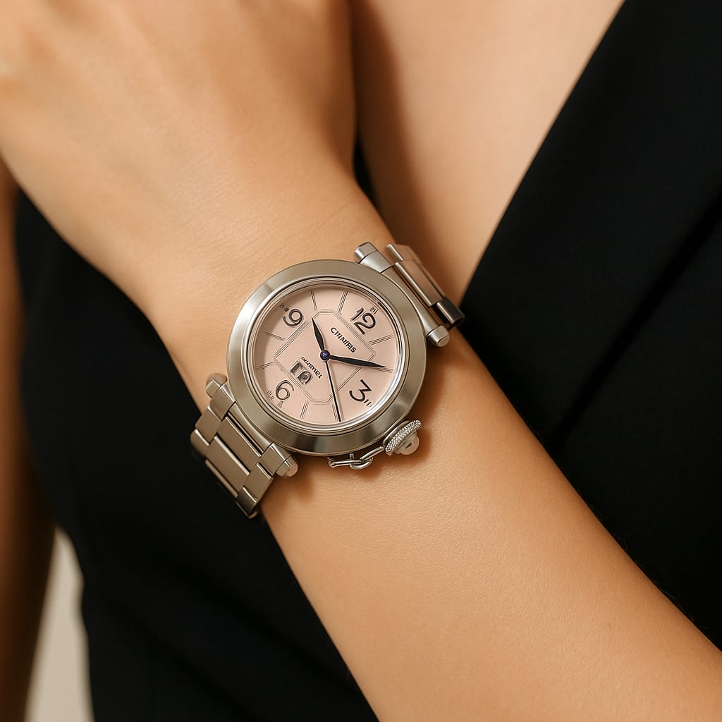 Model wearing Cartier Pacha C watch in lifestyle setting