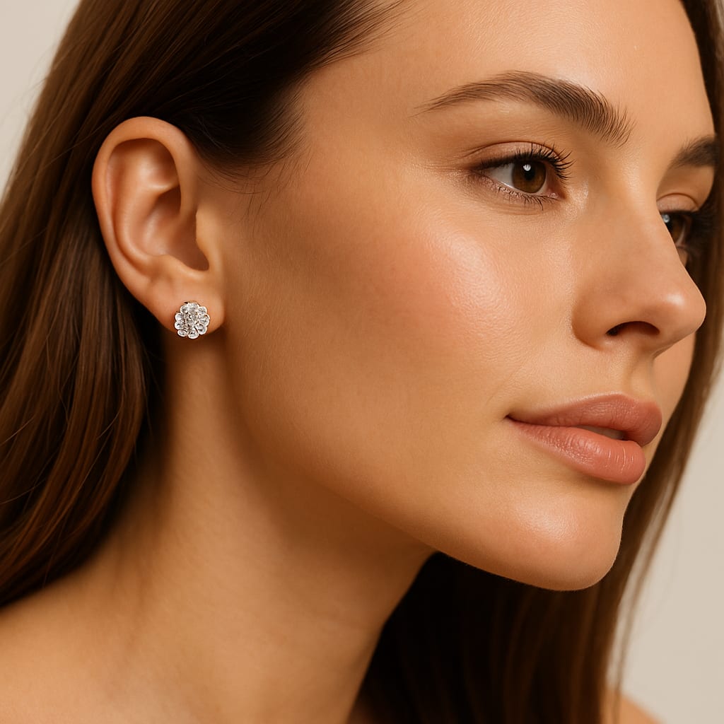 Model wearing 14K White Gold Diamond Cluster Earrings in a lifestyle setting