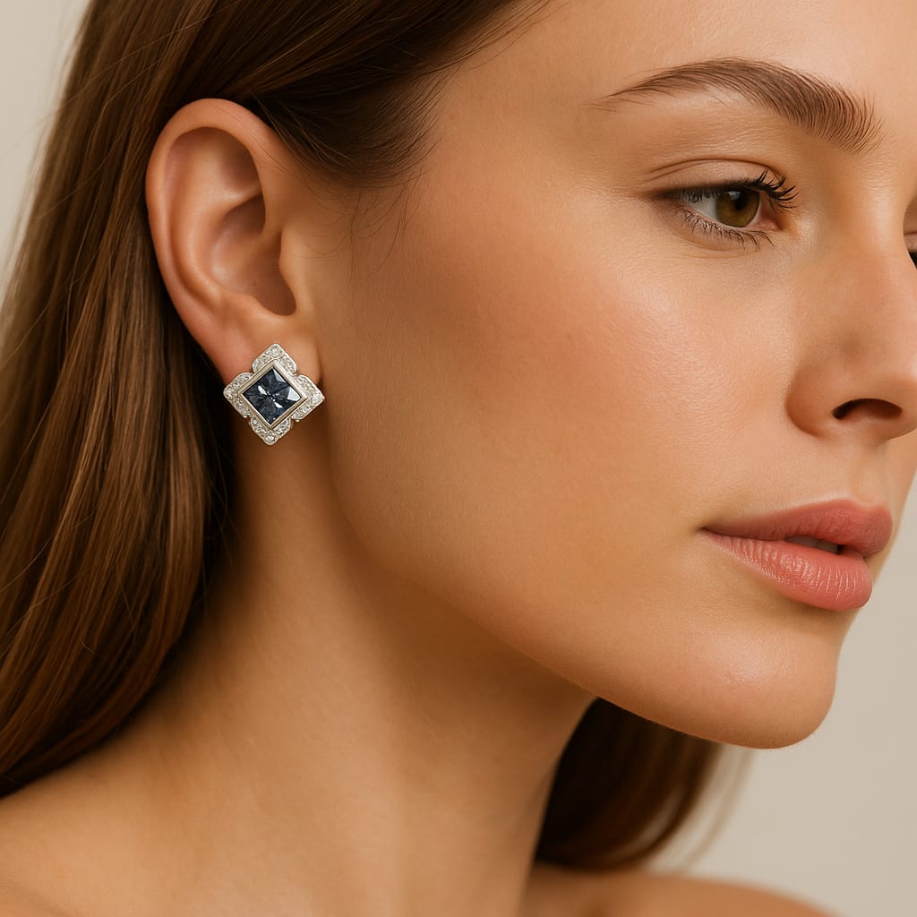 Model wearing diamond sapphire earrings in lifestyle setting