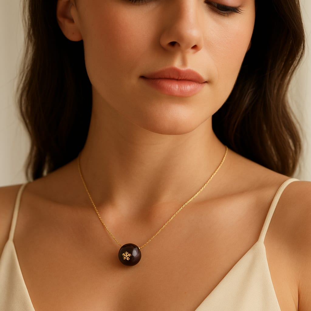 Model wearing the 14K Gold Peacock Pearl Necklace in a lifestyle setting