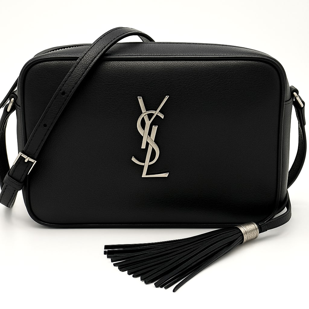 YSL Lou Camera Bag in black lambskin on white background