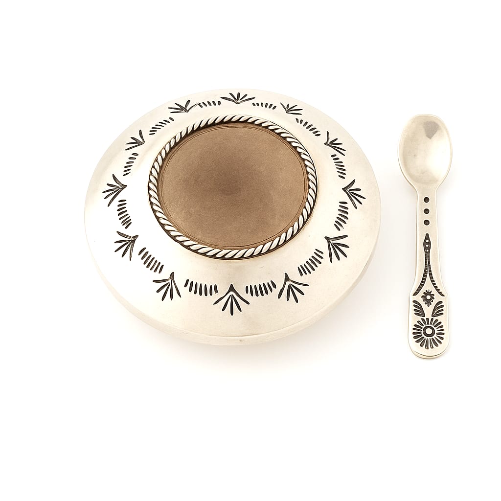 Diné Navajo Sterling Silver Salt Cellar & Spoon on white background.