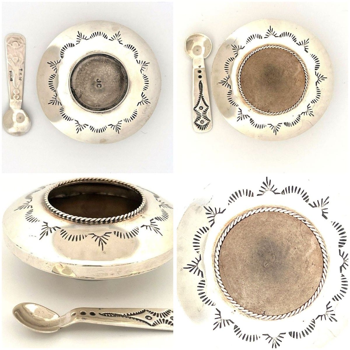 Collage of the Navajo silver salt cellar and spoon.