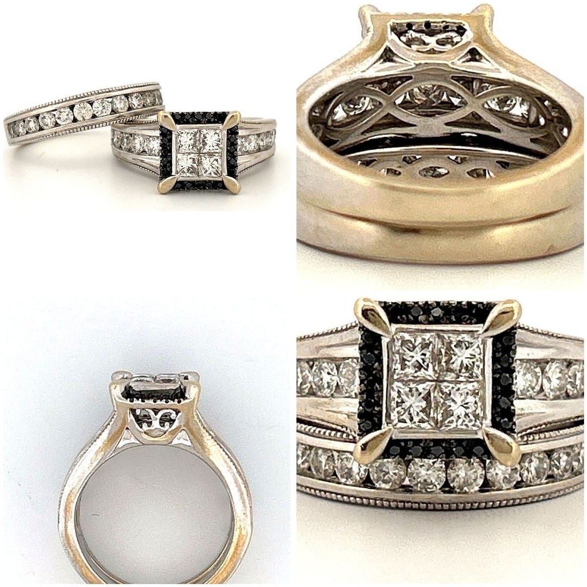 Collage of the diamond wedding set