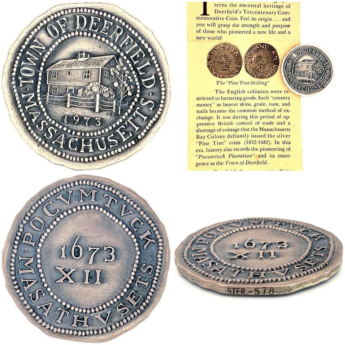 Deerfield Pine Tree Shilling with details