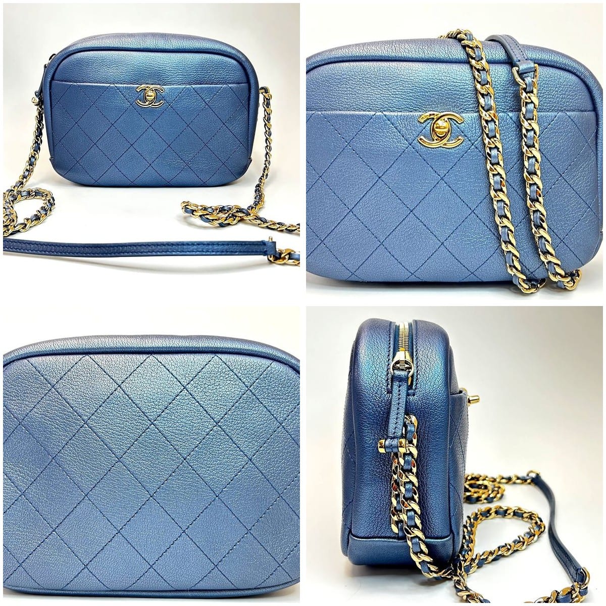 Chanel Metallic Blue Quilted Camera Bag close-up