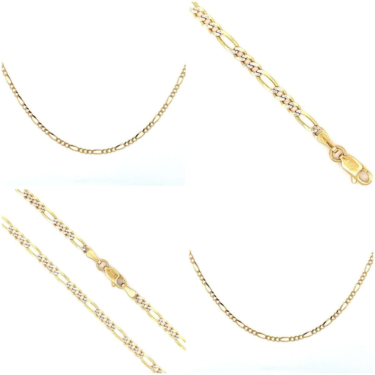 Collage of 14K yellow gold Figaro chain from different angles