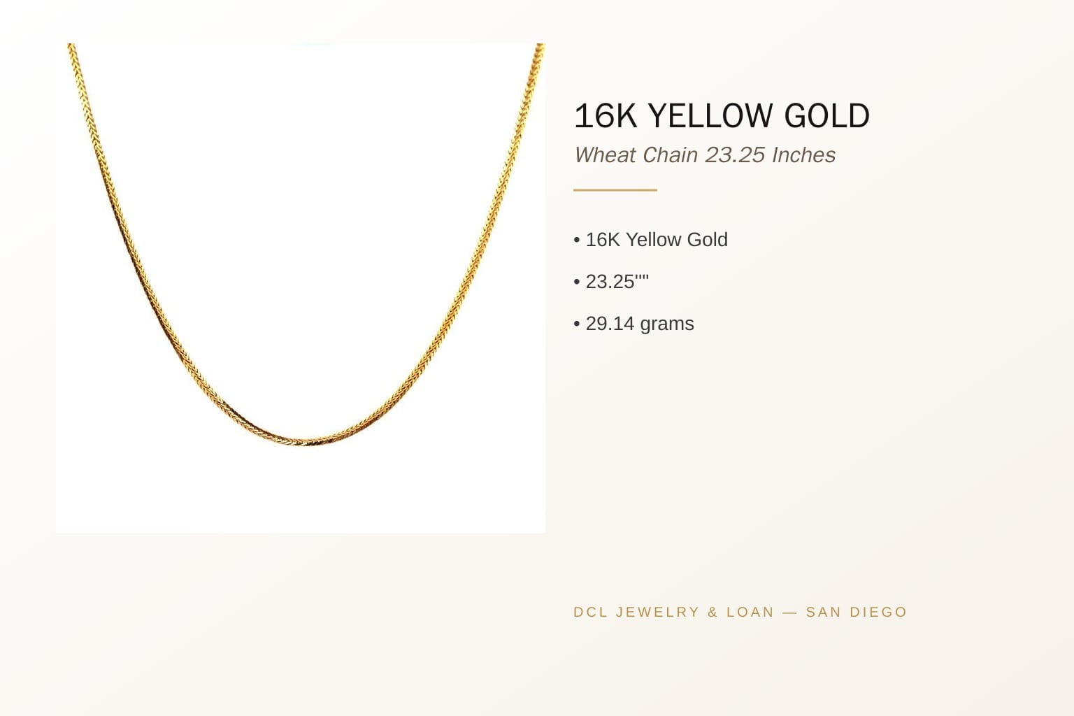 Infographic banner showcasing the features of the 16K gold wheat chain