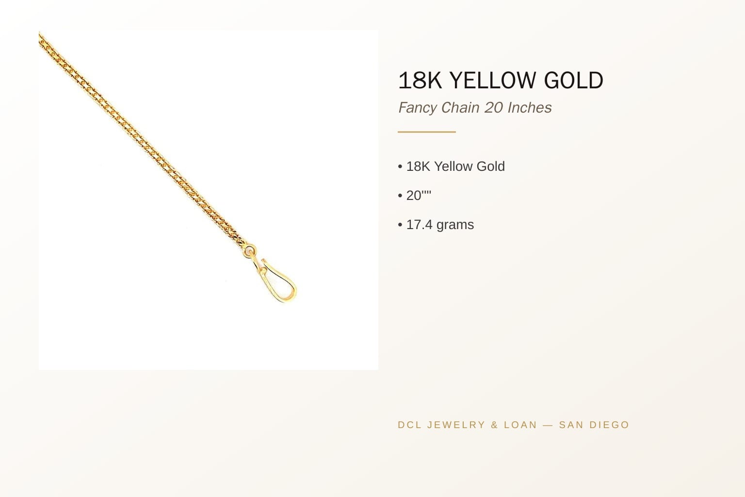Infographic highlighting features of the 18K Yellow Gold Fancy Chain Necklace