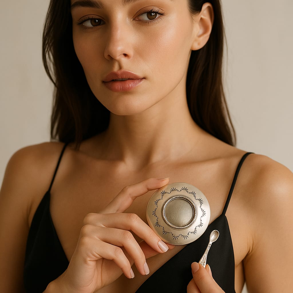 Model displaying the Navajo silver salt cellar and spoon.