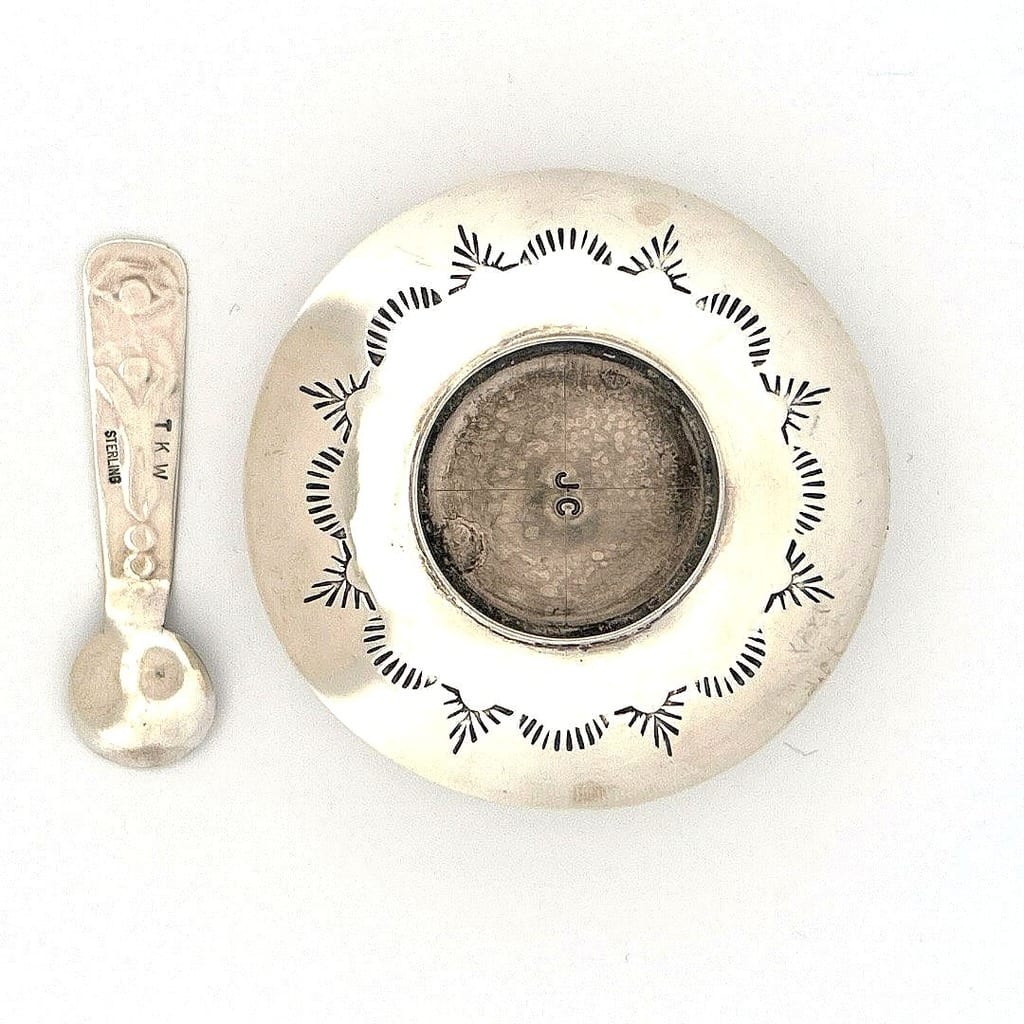 Close-up of the Navajo sterling silver salt cellar.