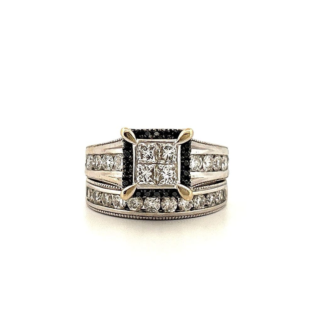 Engagement ring and wedding band close-up