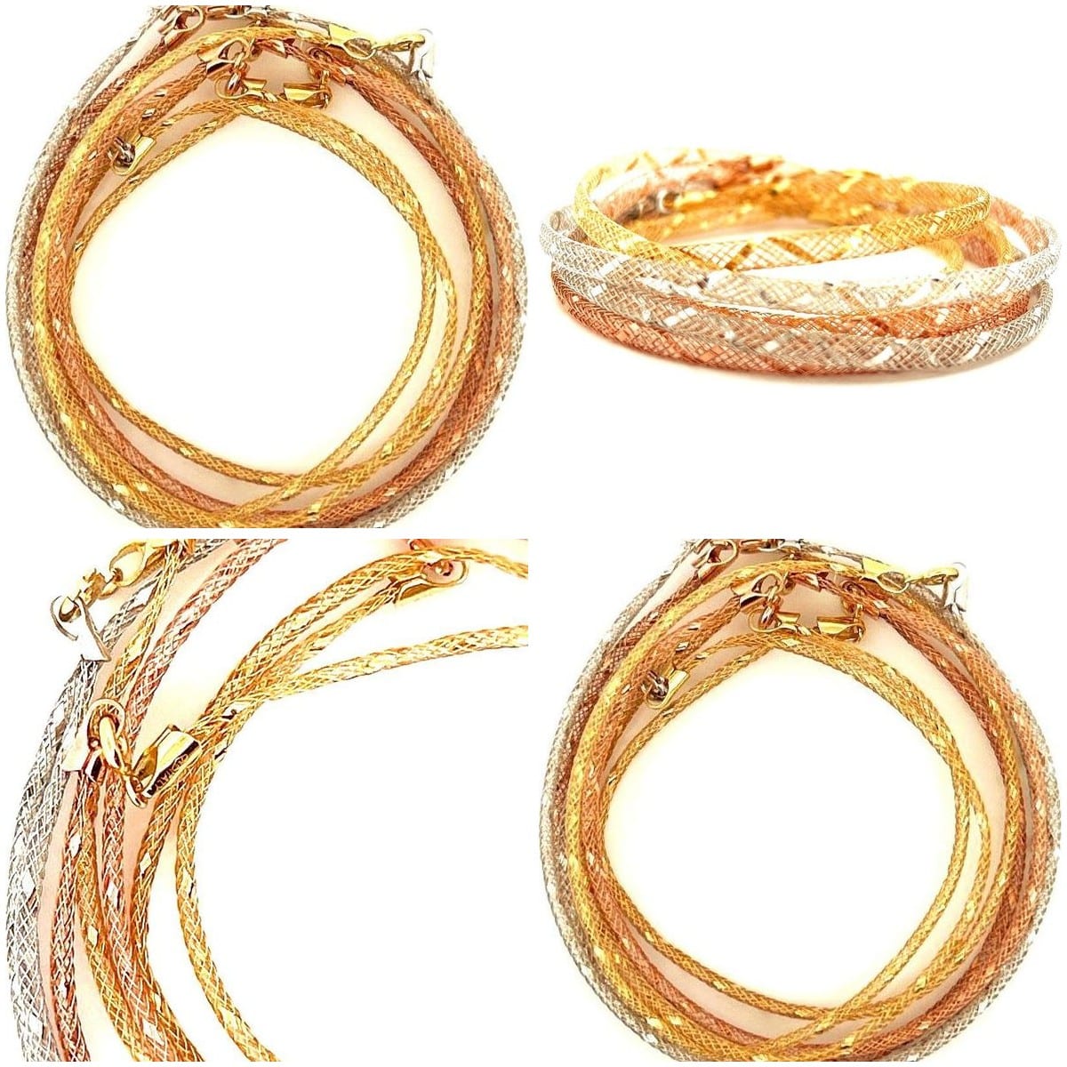 18K Tri-Tone Mesh Gold Bracelets on display