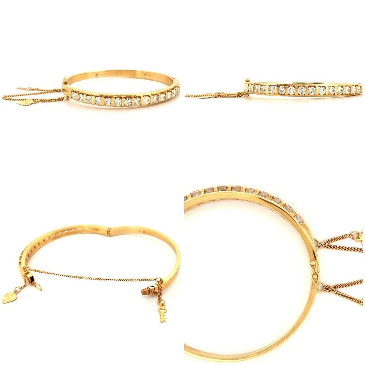 Collage of the 18K Gold Diamond Bangle against a white background.