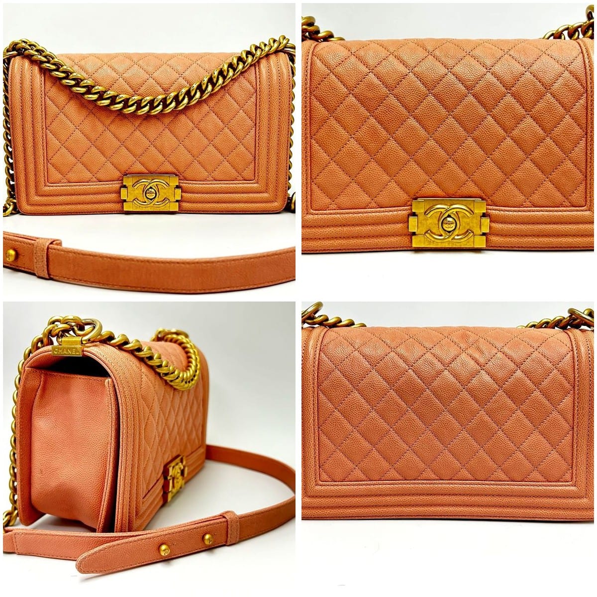 Chanel Boy Bag on a white background highlighting features