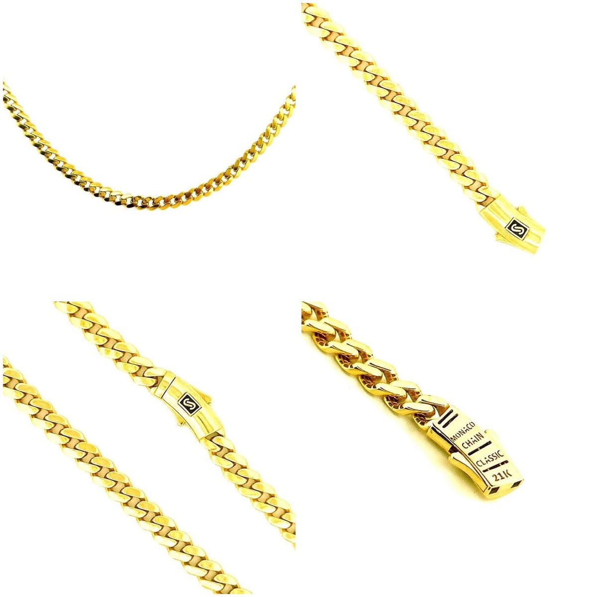 Collage of 21K Yellow Gold Monaco Cuban Chain angles