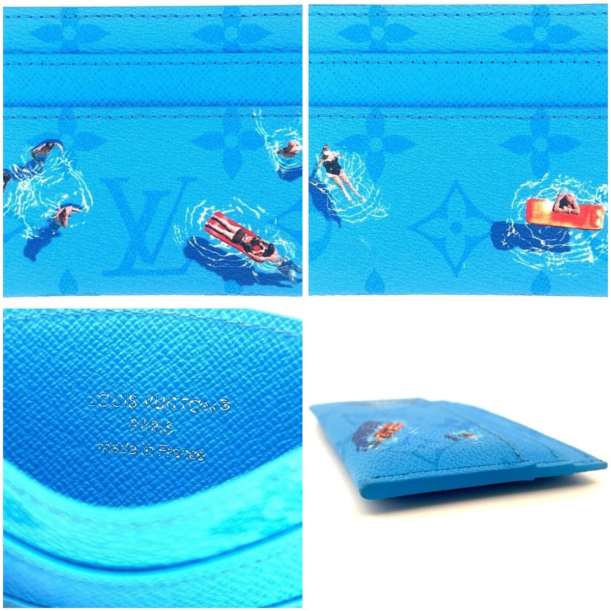 Collage of the Louis Vuitton Blue Lagoon Card Holder Wallet features.