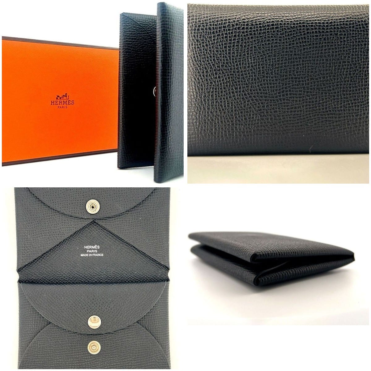 Hermès Calvi Duo card holder collage on white background