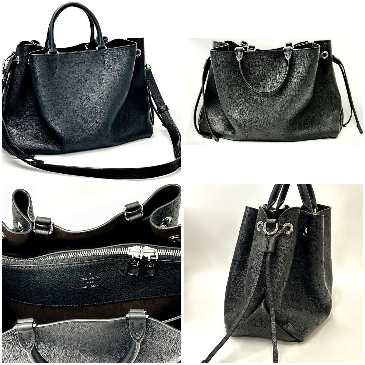 Collage of luxury handbags including Louis Vuitton Mahina Bella